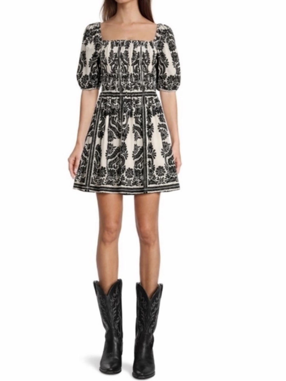 ANTONIO MELANI Black & Cream Square-Neck Puff Sleeve Mini Dress - Picture 2 of 9